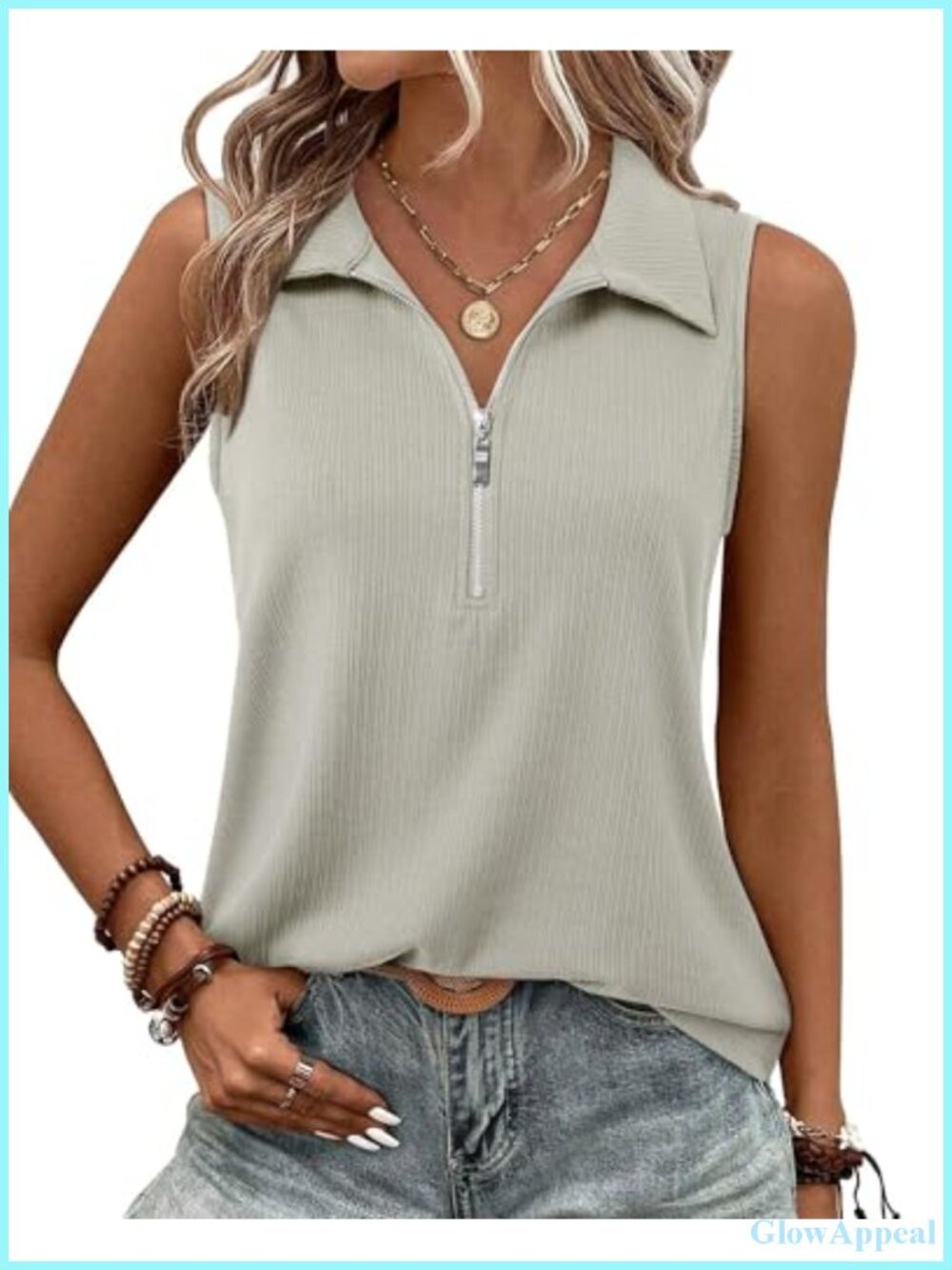 Women's Ribbed Tank Top with Zipper V-Neck Sleeveless Dressy Casual Blouse